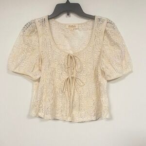 Listicle Cream Lace Tie Front Puff Sleeve Cropped Top Women's Size L
